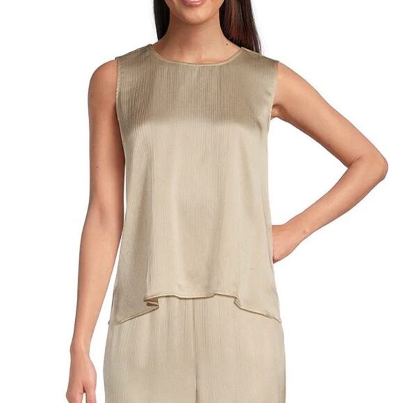 Eileen Fisher Striated Silk Satin Shell Top Almond Beige Round Neck XXS NWT - Picture 1 of 8